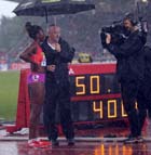 Christine Ohuruogu being interviewed after the 400 metres win, 2012 Samsung Diamond League, Crystal Palace, London.